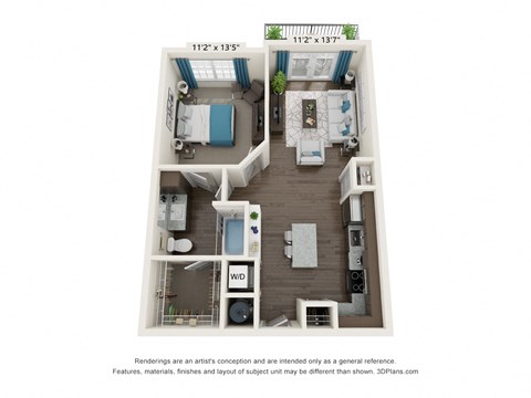 Floor plan for 1 bed, 1 bath, 702 sqft